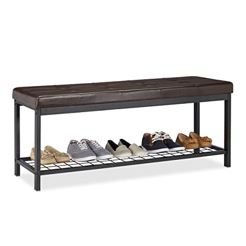 Relaxdays XXL Shoe Bench, Faux Leather Seat, Backless, Grid Rack for Shoes, Metal, HWD 49x115x40cm, Brown