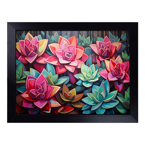Lap Tray with Bean Bag Cushion, Succulent Art Deco - Handmade in the UK, Raised Wooden Edge, Padded Cushion, Heat-Resistant Wipe-Clean Surface, for Meals, Laptops and Crafts