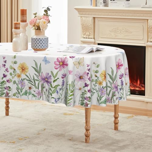 Horaldaily Spring Tablecloth 60??84 Inch Oval, Wildflowers Floral Butterfly Washable Seasonal Table Cover for Party Picnic Dinner Decor