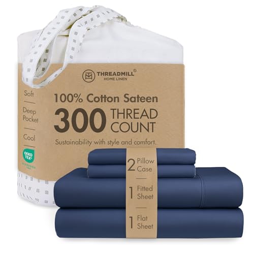 Threadmill 300TC Cotton King Sheet Set, Sateen, Solid, Folkstone Blue - 100% Cotton, Sateen Weave, 4-Piece Set, Breathable, All-Season, Lightweight, OEKO-TEX Certified, Machine Washable
