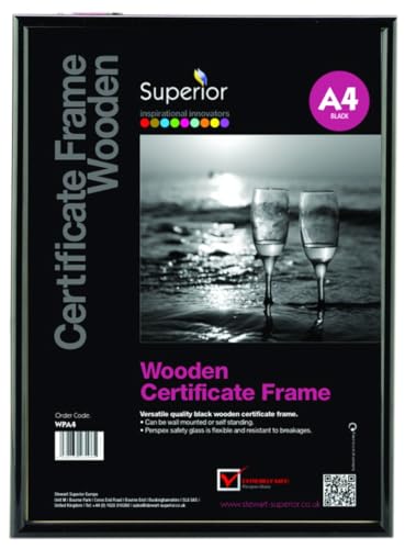 SECO A4 Photo, Picture & Certificate Frame – Display with Perspex Safety Glass – Wall Mountable or Free Standing Tabletop Frame for Home, Office & Gallery – Black Wood