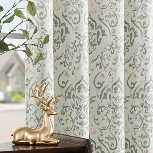 Lazzzy Sage Green Floral Damask Blackout Curtains 84 Inches Long for Living Room, Medallion Farmhouse Vintage Floral Printed Room Darkening Treatments, Back Tab Thermal Insulated Drapes, 2 Panels