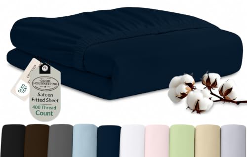 "Royale Linens 400 Thread Count King Size Fitted Sheets Only - 100% Cotton Fitted King Sheet Only - Luxury Sateen Weave - All Around Elastic Deep Pocket - Durable Bottom Sheets - Fit Up to 16"" (Navy)"