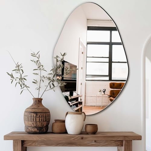 "Delma Irregular Wall Mirror, 36""x24"" - Asymmetrical Wavy Cloud Design, Frameless, Bathroom, Bedroom, Living Room & Entryway, Modern Boho, Wall-Mounted"