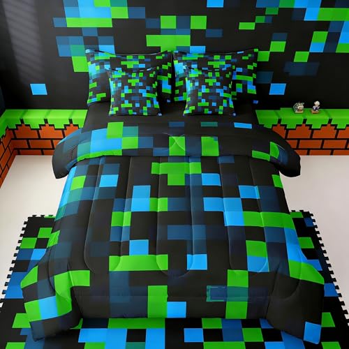 jejeloiu Pixelated Green Blue Black Full Size Comforter Set with Sheets???Pillowcases & Cushion Cover 7 Piece Bedding Set Super Soft Kids Girls Boys Bedroom Decor Gamepad Grid Bed in a Bag