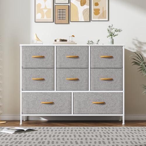 Feonase Chest of Drawers,Bedroom Dresser with 8 Fabric Drawers, Metal Frame & MDF Wood Top, Adjustable Feet, Storage Organizer Unit for Bedroom, Closet, Living Room, Office Hallway, Light Grey