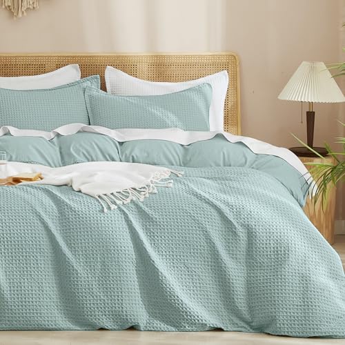 "PHF Waffle Weave Duvet Cover Set King Size, No Snagging Ultra Soft Luxury Textured Breathable Comforter Cover for All Season 3pcs, Durable Bedding Duvet Set with 2 Pillow Shams, 104""x90"",Sterling Blue"