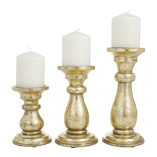 "Deco 79 Traditional Mango Wood Candle Holder, Set of 3 10"", 8"", 6"" H, Gold"