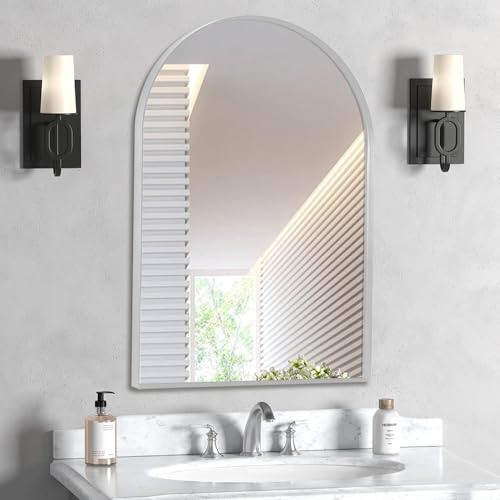 "Minuover 24"" x 32"" Silver Arched Mirror, Arch Wall Mirror, Metal Frame Black Bathroom Mirror, Arched Top Bathroom Vanity Mirror for Living Room, Bedroom, Entryway, Tempered Glass, Shatter Proof"