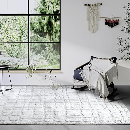 Elle Decor ation High Pile Artistique Rug, Modern Living Room Rug, Long Pile Shaggy, Modern Pattern, Fluffy Soft Boho for Living Room, Bedroom, Cream White, 80 x 120 cm