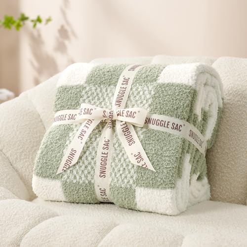 Snuggle Sac Checkered Blanket, Sage Green Throw Blanket for Couch Plaid Microfiber Fluffy Warm Cozy Fuzzy Soft Throw Blanket Reversible Checker Blankets for Sofa, Chair, Bed, 60x80 inches
