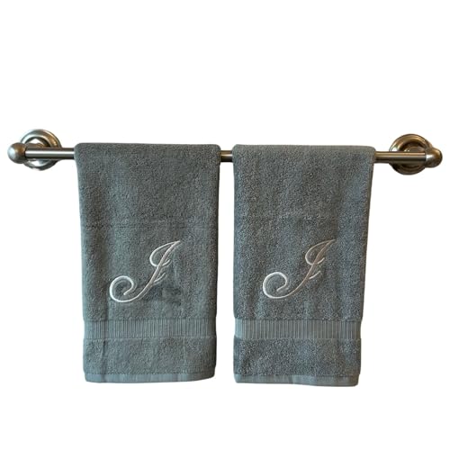 Decorvo Gray Monogrammed Hand Towels for Bathroom - Luxury Hotel Quality Personalized Initial Embroidered Towel for Powder Room, Spa - GOTS Organic Certified - Set of 2 Silver Letter J