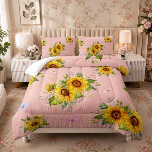 Nttopship Sunflower Pink Comforter Set Full Size for Women Adults,3 Piece Butterfly Floral Bedding Set,Microfiber Quilts with 2 Shams Soft Lightweight Quilt Room Decor,Pink
