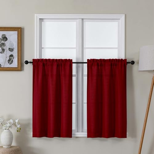 "Lecloud Bessie Red Kitchen Curtains 36 Inch Length 2 Pcs, Christmas Faux Linen Textured Short Curtain, Light Filtering Breathable Tiers with Rod Pocket for Cafe Bedroom Bathroom, Each 30"" W x 36"" L"