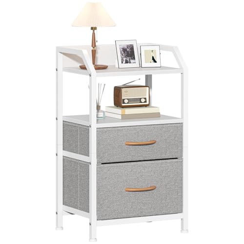 Feonase Bedside Table with 2 Fabric Drawers & Open Shelf - Sturdy Metal Frame Nightstand, Compact End Table for Bedroom, Living Room, Small Spaces, Wooden Top Storage Furniture, Light Grey