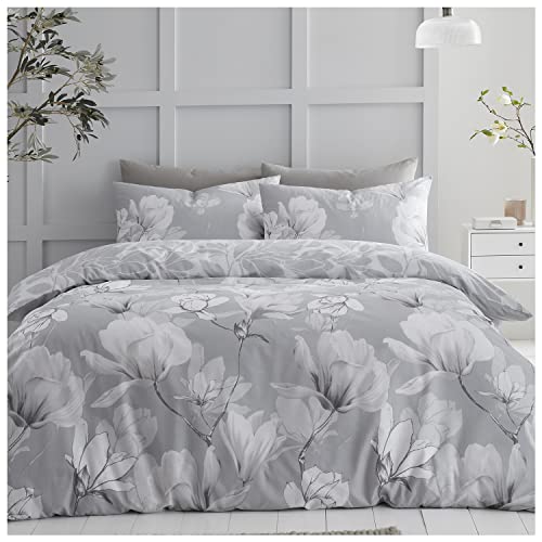 GC GAVENO CAVAILIA Polycotton Reversible Leave Bedding Set, Easy Care Floral Duvet Quilt Cover, Single Bed Covers, Grey-Magnolia Dream