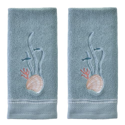 SKL Home Underwater 100% Cotton Embroidered 2pc Hand Towel Set, Tropical/Coastal/Beach/Resort, Decorative for Bath/Kitchen/Bar & Gift, Blue