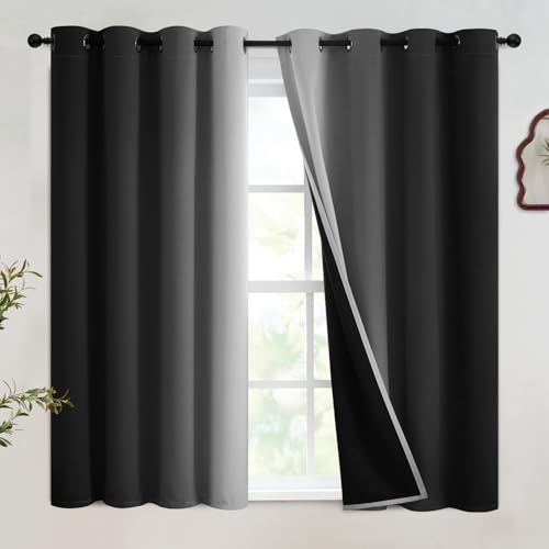 SimpleHome 100% Blackout Ombre Bedroom Curtains Black and Greyish White,45L - Room Darkening Curtains,Thermal Insulated Grommet Window Drapes and Curtains for Living Room,2 Panels, 52x45 inches Length