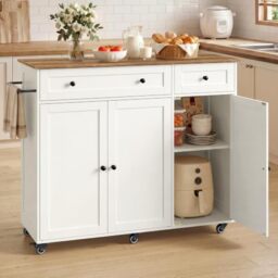 VASAGLE Kitchen Island on Wheels, Wooden Storage Trolley with 3 Doors - Freestanding Cabinet, Drawers, Towel Rack, 106.8 x 40 x 89.2 cm, White and Brown, SIREN Collection KKI015WB01