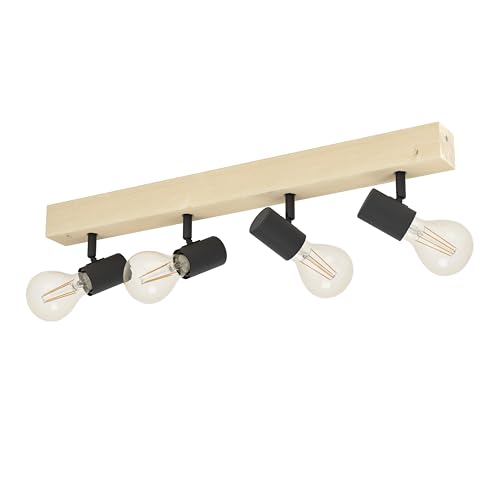 Eglo Ceiling Light Fitting Townshend 3, Vintage Ceiling lamp, Spotlight bar with 4 orientable spot Lights, Retro Light Fixture Made of Steel and Wood, Black, Brown, E27 Socket, FSC Certified