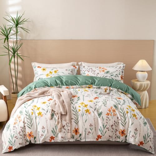 OAITE Twin Duvet Cover Set 3pcs 100% Cotton with Green Pastoral - Soft, Breathable,Long-lasting,Comfort,Hidden Zipper,8 Corner Ties,Easy Care for All Season