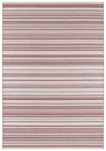 ELLE Decoration Calais Indoor and Outdoor Rug 140 x 200 cm - Short Pile Weatherproof Waterproof Modern Striped Design for Patio Balcony Living Room Bedroom Dining Room Kitchen Hallway in Pink