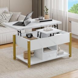 YITAHOME Lift Top Coffee Table with Drawers, 4 in 1 Multi-Function Liftable Coffee Table with Storage Space, Converts to Dining Table for Living Room Dining Room, White Marble