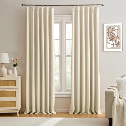 "KEQIAOSUOCAI Cream Black Out Pleated Curtains 102 Inch Long,Elegant Luxury Soft Polyester Window Drapes for Living Room Office Hook Pleated Curtains 40"" Wide by 102 inches Long"