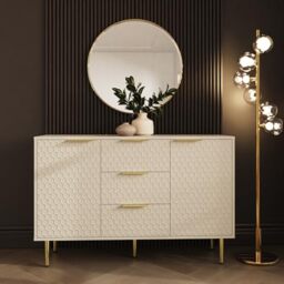 GFW Azariah Large Sideboard, Ivory Storage Cabinet with Geometric Honeycomb Design, Brass Handles and Legs, Living Room and Dining Room Furniture