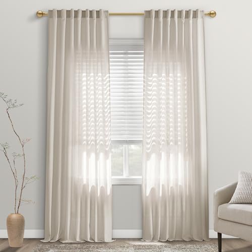 PANELSBURG French Farmhouse Oatmeal Beige Sheer Linen Curtains 102 Inch Long,Track Curtains Ceiling Mount for Living Room