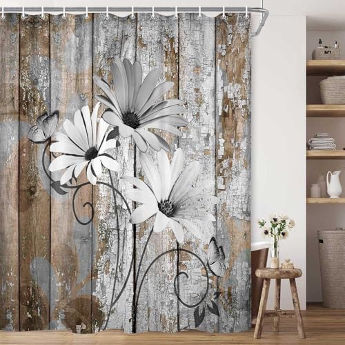 JAWO Farmhouse Flower Floral Shower Curtain, Rustic Grey Daisy Shower Curtain Set, Country Grey Wild Garden Plant Fabric Shower Curtain with Hooks, Brown Wooden Board Bathroom Curtain, 69x84inch