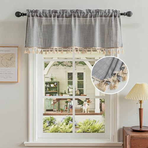Beda Home Tassel Linen Textured Swag Curtain Valance for Farmhouses??? Kitchen Light Filtering Rustic Short Swag Topper for Small Windows Bedroom Privacy Added Rod Pocket Design (52W x 18L, Grey)