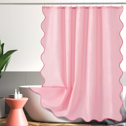 ORTIGIA Pink Scalloped Shower Curtain 72 W x 84 H Inch Extra Long, Cute Pink Ruffle Shower Curtains Boho Aesthetic Preppy Waterproof Fabric Bath Bathroom Decor with Metal Hook