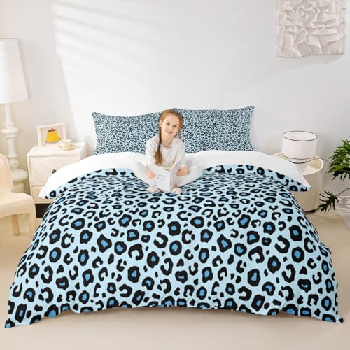 Leopard Print Blue Duvet Cover Queen for Kids Boys,Wild Animal Skin Bedding Set with Zipper Closure Quilt Cover,Leopard Cheetah Pattern Comforter Cover 3 Pcs,Ultra Soft(No Filler)