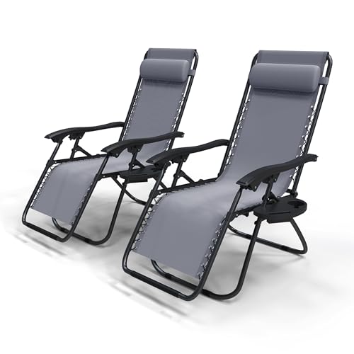 VOUNOT® Zero Gravity Chair, Set of 2, Deck Folding Recliner Sun Loungers Outdoor Chair with Cup and Phone Holder, Grey