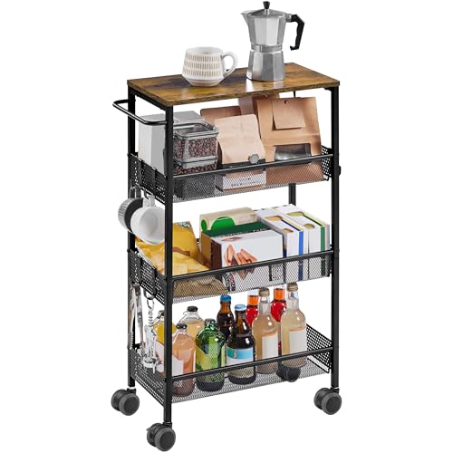 Yaheetech 4-Tier Kitchen Trolley, Space Saving Storage Cart, 22 cm Deep, with Engineered Wood Top Steel Frame Lockable Wheels, 6 Hooks and Handle for Kitchen Studio Bathroom Living Room, Rustic Brown