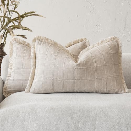 Foindtower Set of 2 Decorative Linen Check Fringe Throw Pillow Covers Farmhouse Lumbar Cushion Covers Modern Boho Home Decor for Sofa Chair Couch Bedroom Living Room Outdoor,12??20 Inch,Natural Beige