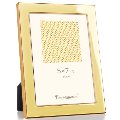 Fun Memories 5x7 Picture Frame - 1pcs Yellow Enamel Glass Photo Frame with Gold Metal Edge & Easel for Display Picture Frame on Countertops, Tabletops, Bookshelves, Desks, Walls (Yellow/Gold)