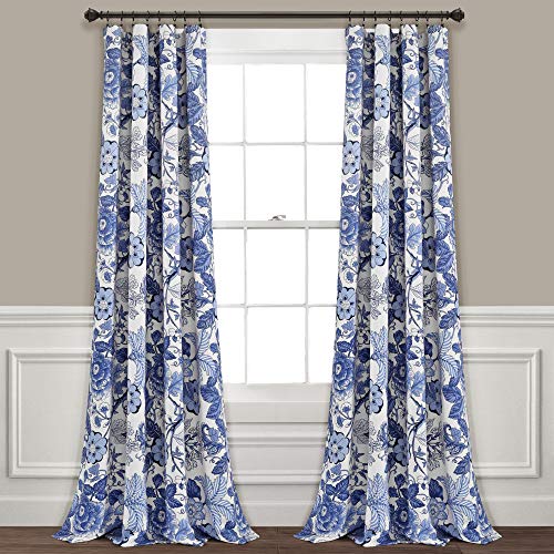 Lush Decor Navy White Sydney Curtains - Floral Garden Room Darkening Window Panel Set for Living, Dining, Bedroom (Pair), 95” Long x 52” Wide, L
