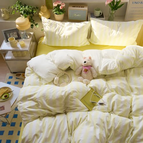 EAVD White Yellow Striped Duvet Cover King Lightweight Washed Microfiber Reversible Striped Bedding Set with 2 Pillowcases Modern Farmhouse Geometric Pattern Bedding Set for All-Season