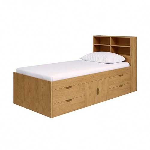 Kidsaw Single, Kids Teenager Cabin Storage Bed with Bookcase Headboard and 4 Drawers (Oak)