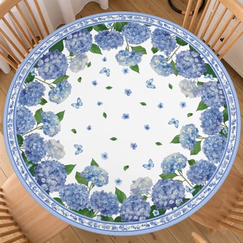 ABSOP Spring Summer Round Fitted Tablecloth with Elastic Edge 40-44 Inch Hydrangea Floral Pattern Table Cover Washable Blue Purple Table Cloth for Kitchen Dining Party Patio Picnic