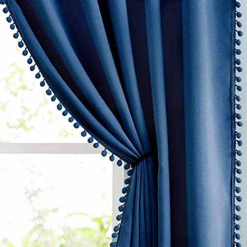 "Pom Pom Curtains 84"" Navy Royal Blue Blackout Curtains Bedroom Windows Drapes Triple Weave Thermal Insulated Curtain Panels for Men Boys Nursery Room Studio Hotel 50"" w x2 Panels Rod Pocket"