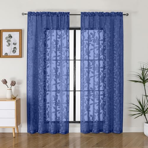 OVZME Dusty Blue Sheer Curtains 63 inches Long 2 Panels for Living Room, Jacquard Clip Leaf Pattern Textured Light Filtering Window Semi Sheer Voile Drapes for Bedroom, Each Panel 42 x 63 Inch