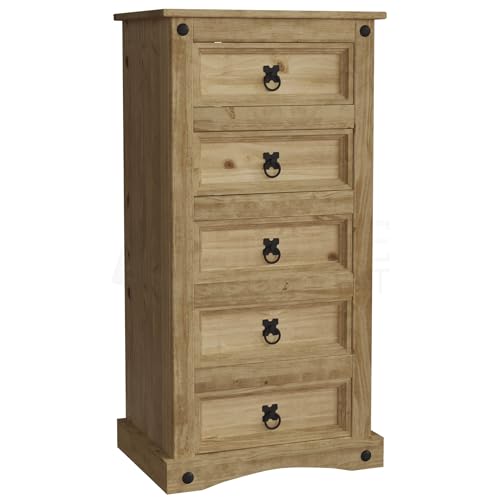 Vida Designs Corona, Chest of Drawers, 5 Drawer, Narrow, Solid Pine Wood