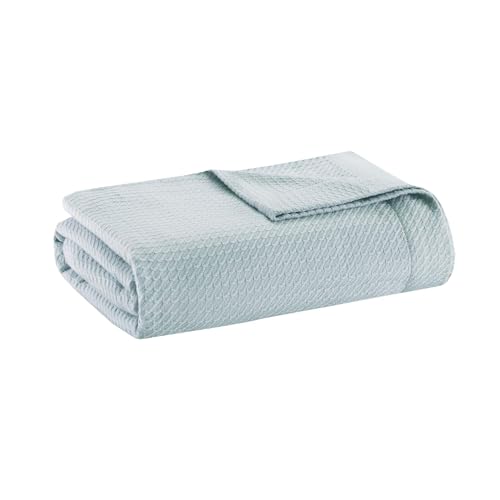 "Madison Park 100% Egyptian Cotton Lightweight Summer Blanket, Breathable Waffle Knit Design, Soft Cozy All-Season Throw for Bed, Couch or Sofa, Light Blue Twin Size (66""x90"")"