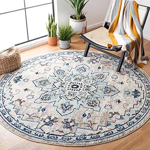 Safavieh Boho Rug for Living Room, Dining Room, Bedroom - Madison Collection, Short Pile, in Ivory and Light Blue, 160 x 160 cm