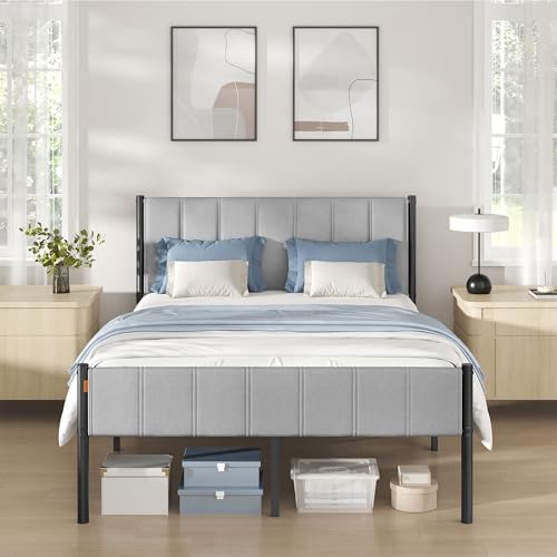 VASAGLE Double Bed Frame, 135 x 190 cm, with Upholstered Headboard, Metal Bed Frame, 500 kg Weight Capacity, Easy Assembly, Dove Grey RMB976GD1