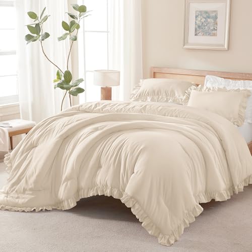 Andency Beige Twin Size Ruffle Comforter Set, 2 Pieces (1 Ruffle Comforter & 1 Pillowcase), Farmhouse Style