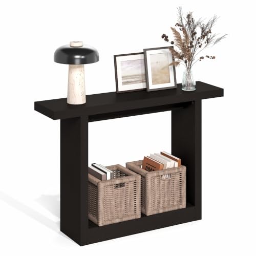 Furinno ARA Entryway Table 119.4cm, Narrow Farmhouse Console Table, Sofa Table with wide Bottom Shelf, Couch Table Behind Sofa, Entryway Table for Entrance, Hallway, Living Room, Black Dark Oak